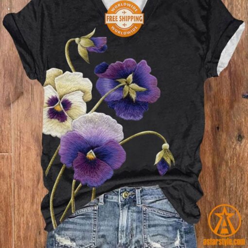 Alzheimer Purple Floral V Neck T Shirt