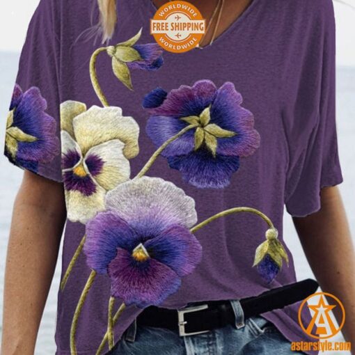 Alzheimer’s Purple Floral V Neck T Shirt