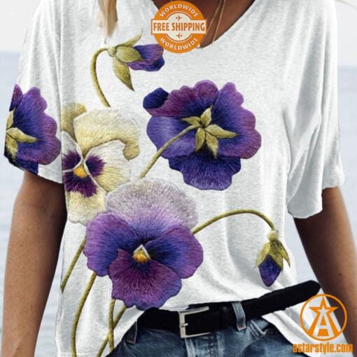 Alzheimer’s Purple Floral V Neck T Shirt